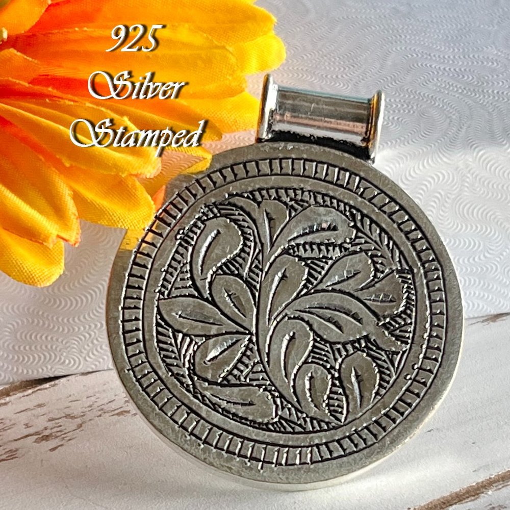 Coin Pendant 925 Silver Stamped Handmade Metal Statement Bohemian Ethnic New!
